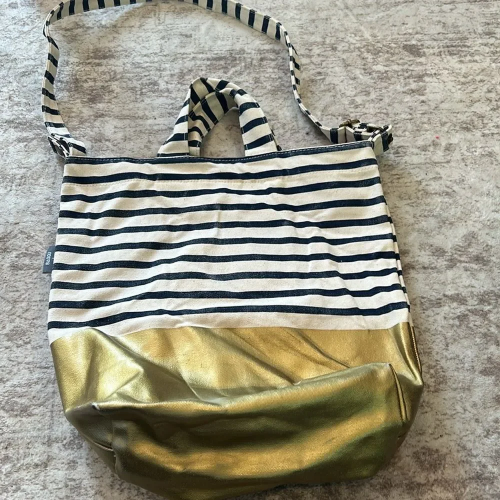 Baggu + West Elm Striped Tote Crossbody strap with gold bottom R painted on